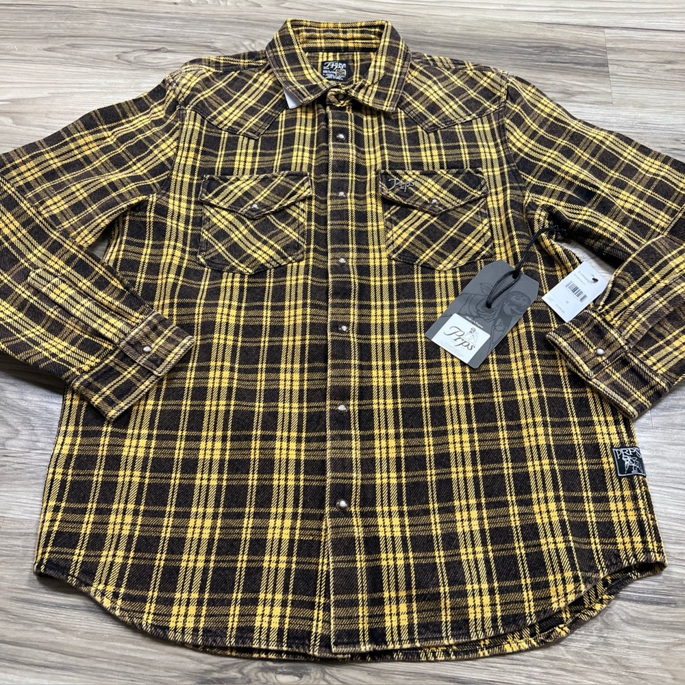 PRPS Heavyweight Plaid Flannel PearlSnap Up Shirt Brown/Yellow Mens Medium $228